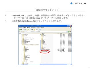 Salesforce.com に接続し、取得する情報を一時的に格納するディレクトリーとして、サーバー直下に  SFDCprofiles  ディレクトリーを作成します。 以上が Salesforce Connector のセットアップになります。 実行前のセットアップ 