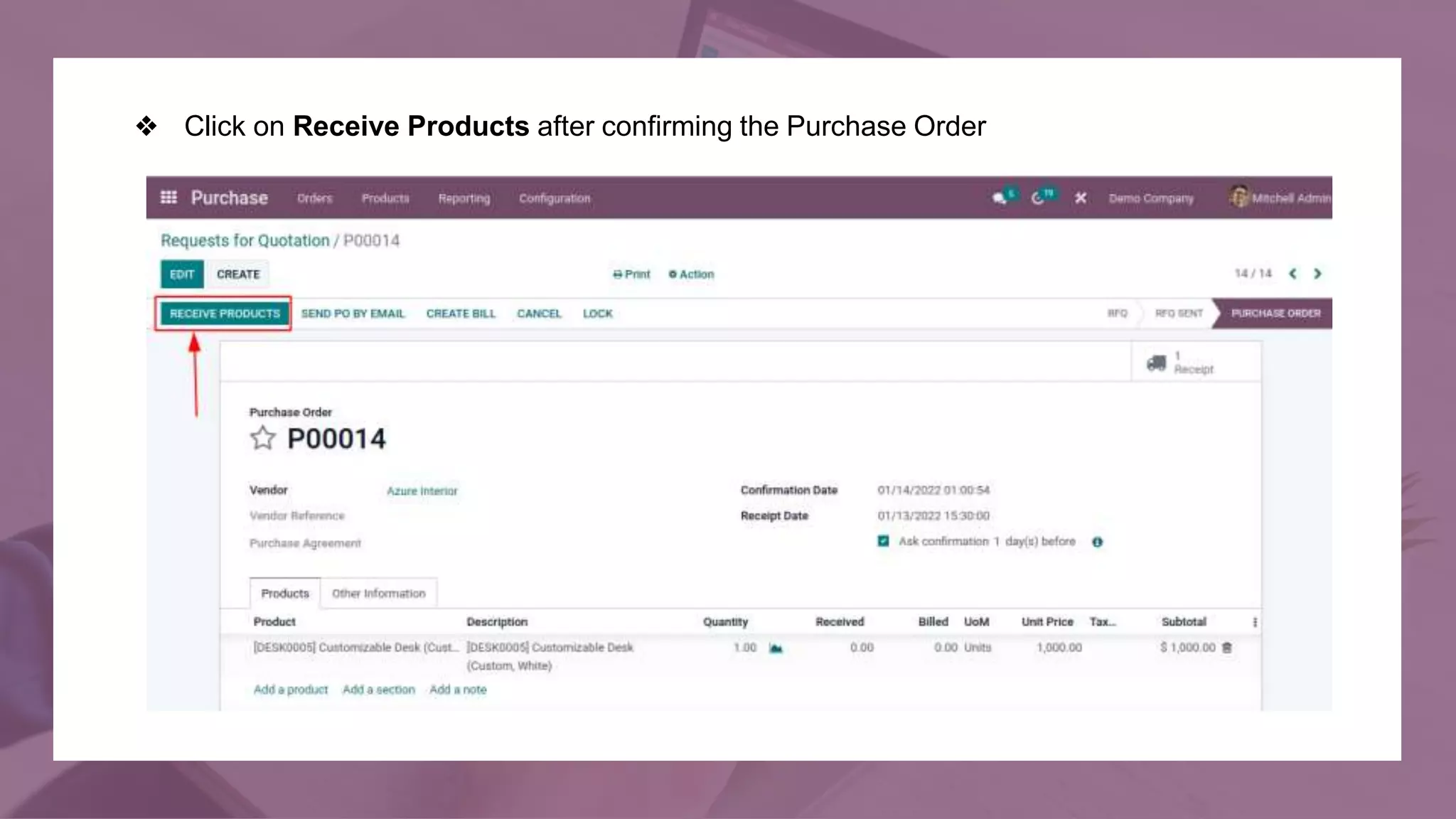 ❖ Click on Receive Products after confirming the Purchase Order
 