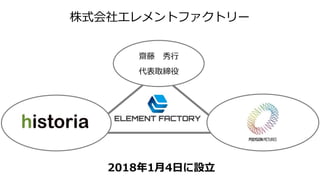 齋藤 秀行
代表取締役
株式会社エレメントファクトリー
2018年1月4日に設立
 