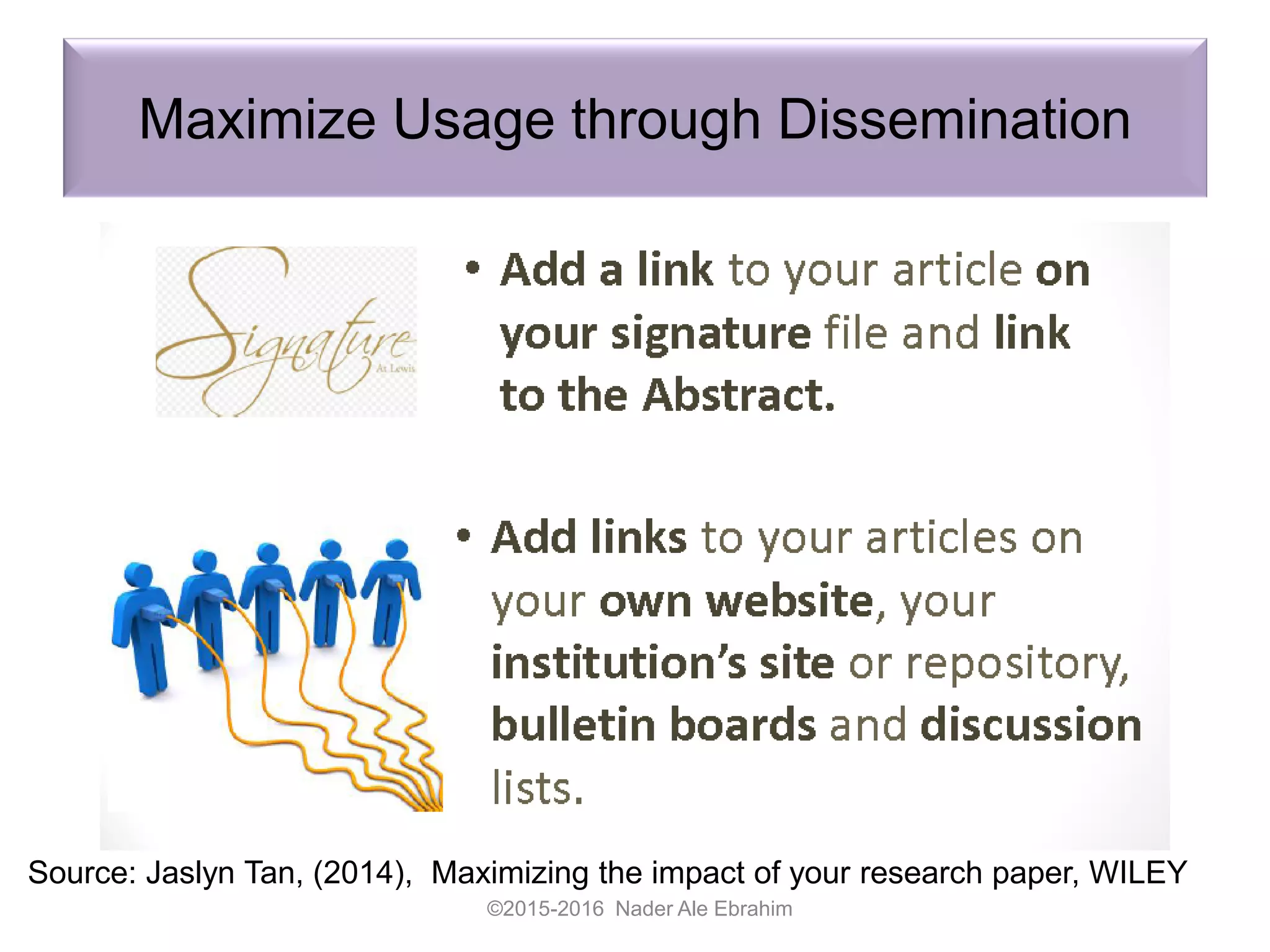 Maximize Usage through Dissemination
©2015-2016 Nader Ale Ebrahim
Source: Jaslyn Tan, (2014), Maximizing the impact of your research paper, WILEY
 