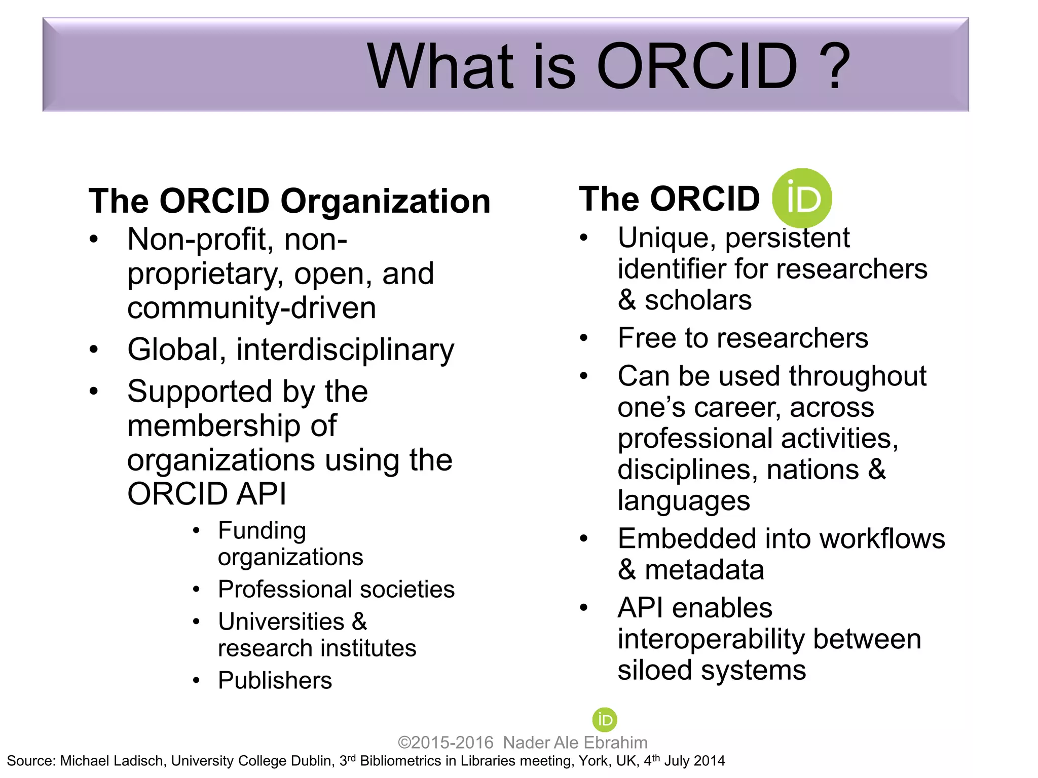 What is ORCID ?
The ORCID
• Unique, persistent
identifier for researchers
& scholars
• Free to researchers
• Can be used throughout
one’s career, across
professional activities,
disciplines, nations &
languages
• Embedded into workflows
& metadata
• API enables
interoperability between
siloed systems
The ORCID Organization
• Non-profit, non-
proprietary, open, and
community-driven
• Global, interdisciplinary
• Supported by the
membership of
organizations using the
ORCID API
• Funding
organizations
• Professional societies
• Universities &
research institutes
• Publishers
©2015-2016 Nader Ale Ebrahim
Source: Michael Ladisch, University College Dublin, 3rd Bibliometrics in Libraries meeting, York, UK, 4th July 2014
 
