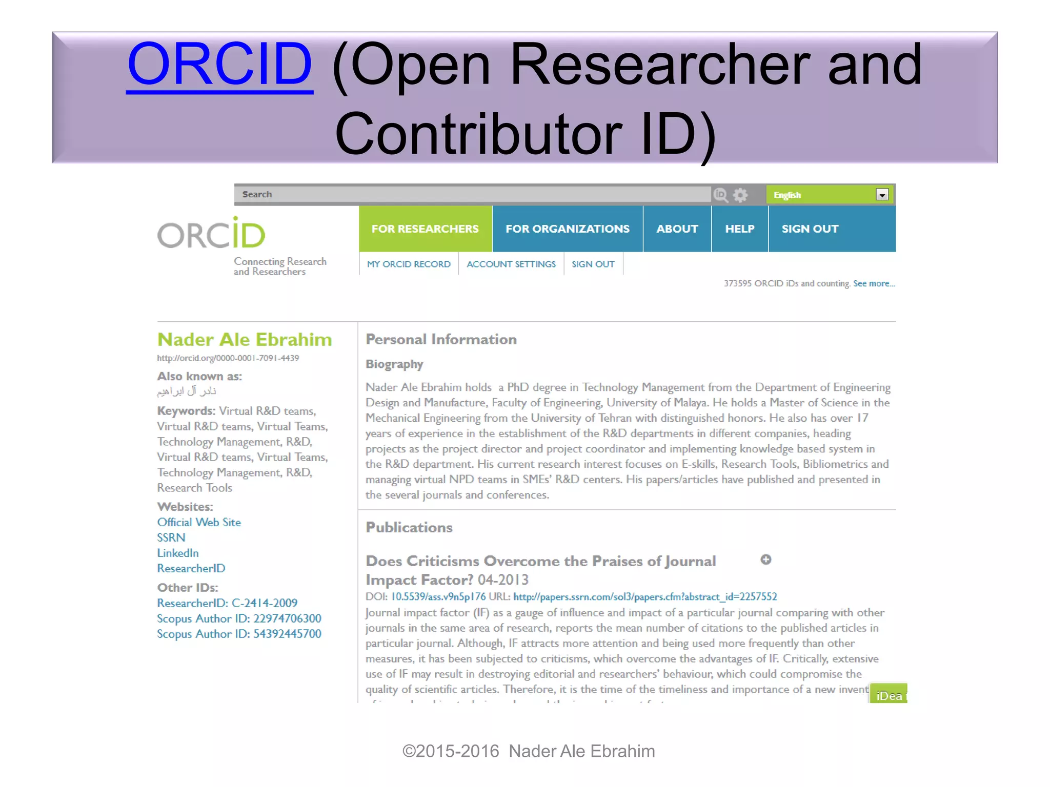 ORCID (Open Researcher and
Contributor ID)
©2015-2016 Nader Ale Ebrahim
 