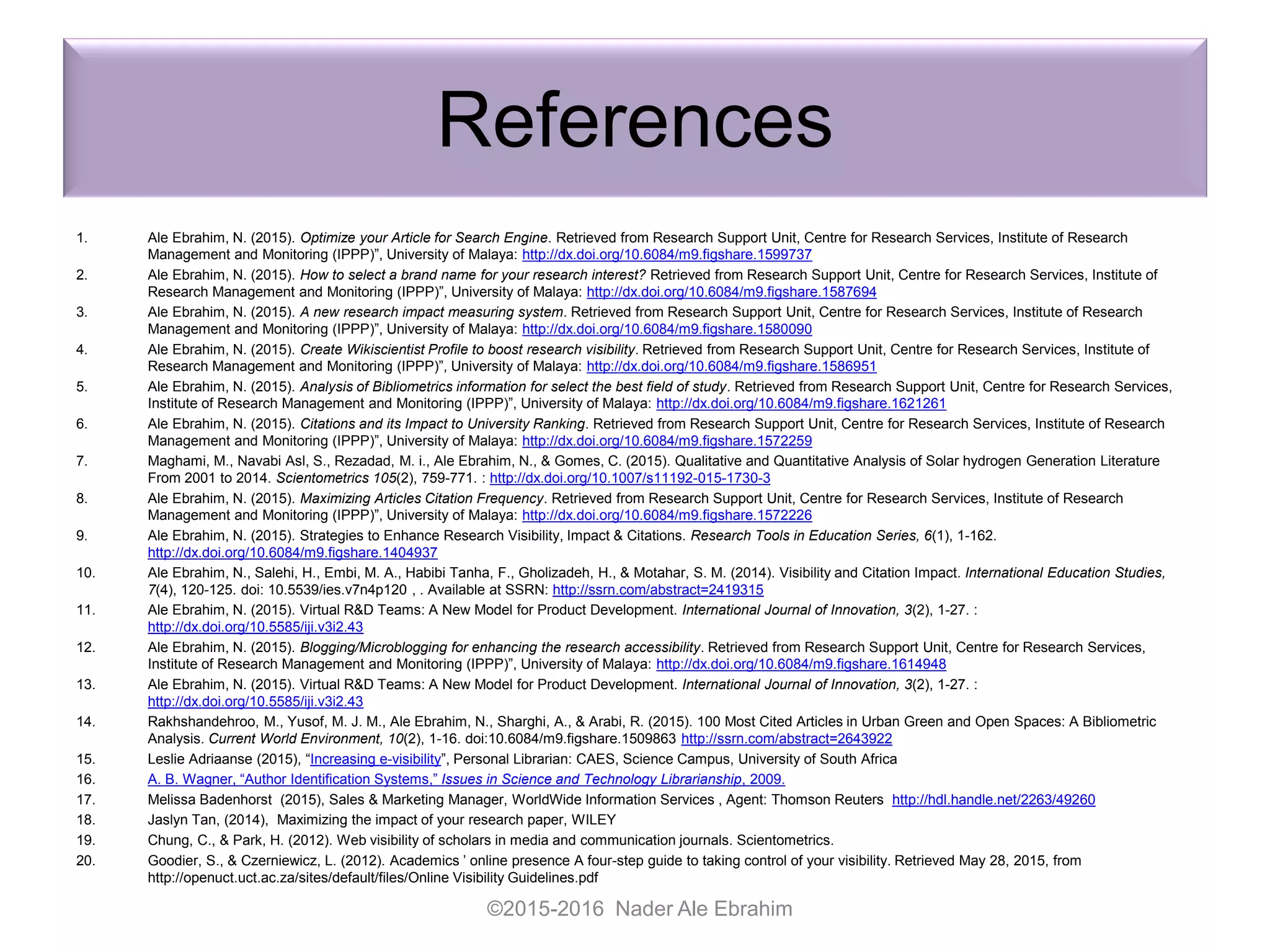 References
1. Ale Ebrahim, N. (2015). Optimize your Article for Search Engine. Retrieved from Research Support Unit, Centre for Research Services, Institute of Research
Management and Monitoring (IPPP)”, University of Malaya: http://dx.doi.org/10.6084/m9.figshare.1599737
2. Ale Ebrahim, N. (2015). How to select a brand name for your research interest? Retrieved from Research Support Unit, Centre for Research Services, Institute of
Research Management and Monitoring (IPPP)”, University of Malaya: http://dx.doi.org/10.6084/m9.figshare.1587694
3. Ale Ebrahim, N. (2015). A new research impact measuring system. Retrieved from Research Support Unit, Centre for Research Services, Institute of Research
Management and Monitoring (IPPP)”, University of Malaya: http://dx.doi.org/10.6084/m9.figshare.1580090
4. Ale Ebrahim, N. (2015). Create Wikiscientist Profile to boost research visibility. Retrieved from Research Support Unit, Centre for Research Services, Institute of
Research Management and Monitoring (IPPP)”, University of Malaya: http://dx.doi.org/10.6084/m9.figshare.1586951
5. Ale Ebrahim, N. (2015). Analysis of Bibliometrics information for select the best field of study. Retrieved from Research Support Unit, Centre for Research Services,
Institute of Research Management and Monitoring (IPPP)”, University of Malaya: http://dx.doi.org/10.6084/m9.figshare.1621261
6. Ale Ebrahim, N. (2015). Citations and its Impact to University Ranking. Retrieved from Research Support Unit, Centre for Research Services, Institute of Research
Management and Monitoring (IPPP)”, University of Malaya: http://dx.doi.org/10.6084/m9.figshare.1572259
7. Maghami, M., Navabi Asl, S., Rezadad, M. i., Ale Ebrahim, N., & Gomes, C. (2015). Qualitative and Quantitative Analysis of Solar hydrogen Generation Literature
From 2001 to 2014. Scientometrics 105(2), 759-771. : http://dx.doi.org/10.1007/s11192-015-1730-3
8. Ale Ebrahim, N. (2015). Maximizing Articles Citation Frequency. Retrieved from Research Support Unit, Centre for Research Services, Institute of Research
Management and Monitoring (IPPP)”, University of Malaya: http://dx.doi.org/10.6084/m9.figshare.1572226
9. Ale Ebrahim, N. (2015). Strategies to Enhance Research Visibility, Impact & Citations. Research Tools in Education Series, 6(1), 1-162.
http://dx.doi.org/10.6084/m9.figshare.1404937
10. Ale Ebrahim, N., Salehi, H., Embi, M. A., Habibi Tanha, F., Gholizadeh, H., & Motahar, S. M. (2014). Visibility and Citation Impact. International Education Studies,
7(4), 120-125. doi: 10.5539/ies.v7n4p120 , . Available at SSRN: http://ssrn.com/abstract=2419315
11. Ale Ebrahim, N. (2015). Virtual R&D Teams: A New Model for Product Development. International Journal of Innovation, 3(2), 1-27. :
http://dx.doi.org/10.5585/iji.v3i2.43
12. Ale Ebrahim, N. (2015). Blogging/Microblogging for enhancing the research accessibility. Retrieved from Research Support Unit, Centre for Research Services,
Institute of Research Management and Monitoring (IPPP)”, University of Malaya: http://dx.doi.org/10.6084/m9.figshare.1614948
13. Ale Ebrahim, N. (2015). Virtual R&D Teams: A New Model for Product Development. International Journal of Innovation, 3(2), 1-27. :
http://dx.doi.org/10.5585/iji.v3i2.43
14. Rakhshandehroo, M., Yusof, M. J. M., Ale Ebrahim, N., Sharghi, A., & Arabi, R. (2015). 100 Most Cited Articles in Urban Green and Open Spaces: A Bibliometric
Analysis. Current World Environment, 10(2), 1-16. doi:10.6084/m9.figshare.1509863 http://ssrn.com/abstract=2643922
15. Leslie Adriaanse (2015), “Increasing e-visibility”, Personal Librarian: CAES, Science Campus, University of South Africa
16. A. B. Wagner, “Author Identification Systems,” Issues in Science and Technology Librarianship, 2009.
17. Melissa Badenhorst (2015), Sales & Marketing Manager, WorldWide Information Services , Agent: Thomson Reuters http://hdl.handle.net/2263/49260
18. Jaslyn Tan, (2014), Maximizing the impact of your research paper, WILEY
19. Chung, C., & Park, H. (2012). Web visibility of scholars in media and communication journals. Scientometrics.
20. Goodier, S., & Czerniewicz, L. (2012). Academics ’ online presence A four-step guide to taking control of your visibility. Retrieved May 28, 2015, from
http://openuct.uct.ac.za/sites/default/files/Online Visibility Guidelines.pdf
©2015-2016 Nader Ale Ebrahim
 