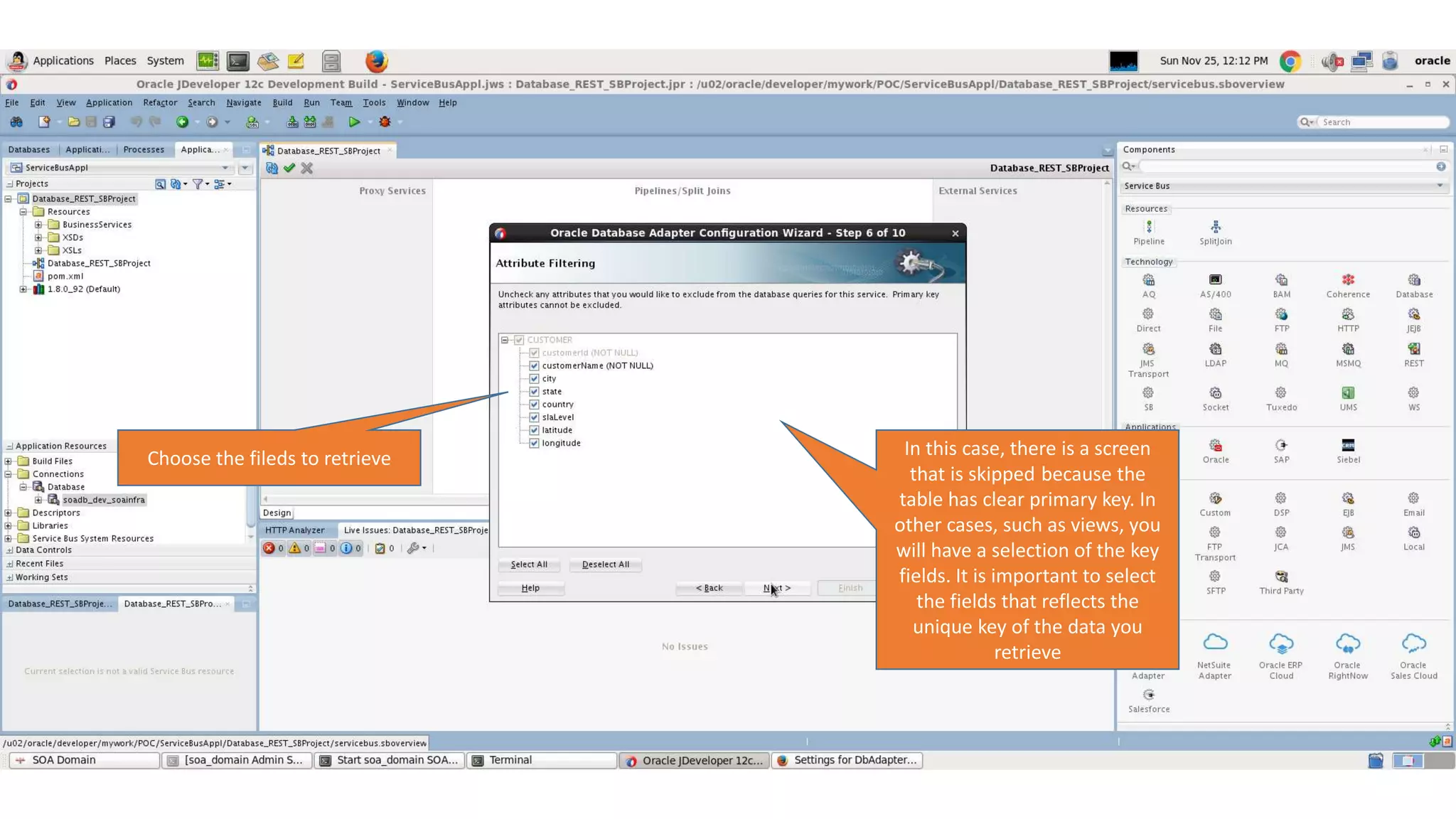 Choose the fileds to retrieve In this case, there is a screen that is skipped because the table has clear primary key. In other cases, such as views, you will have a selection of the key fields. It is important to select the fields that reflects the unique key of the data you retrieve 