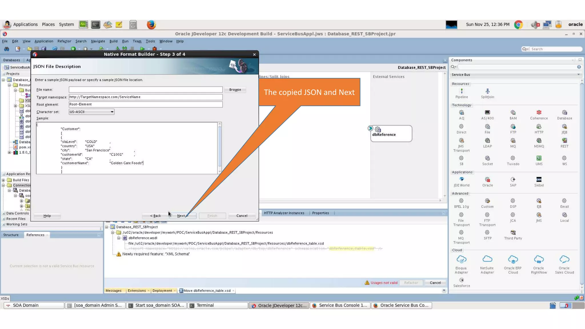 The copied JSON and Next 