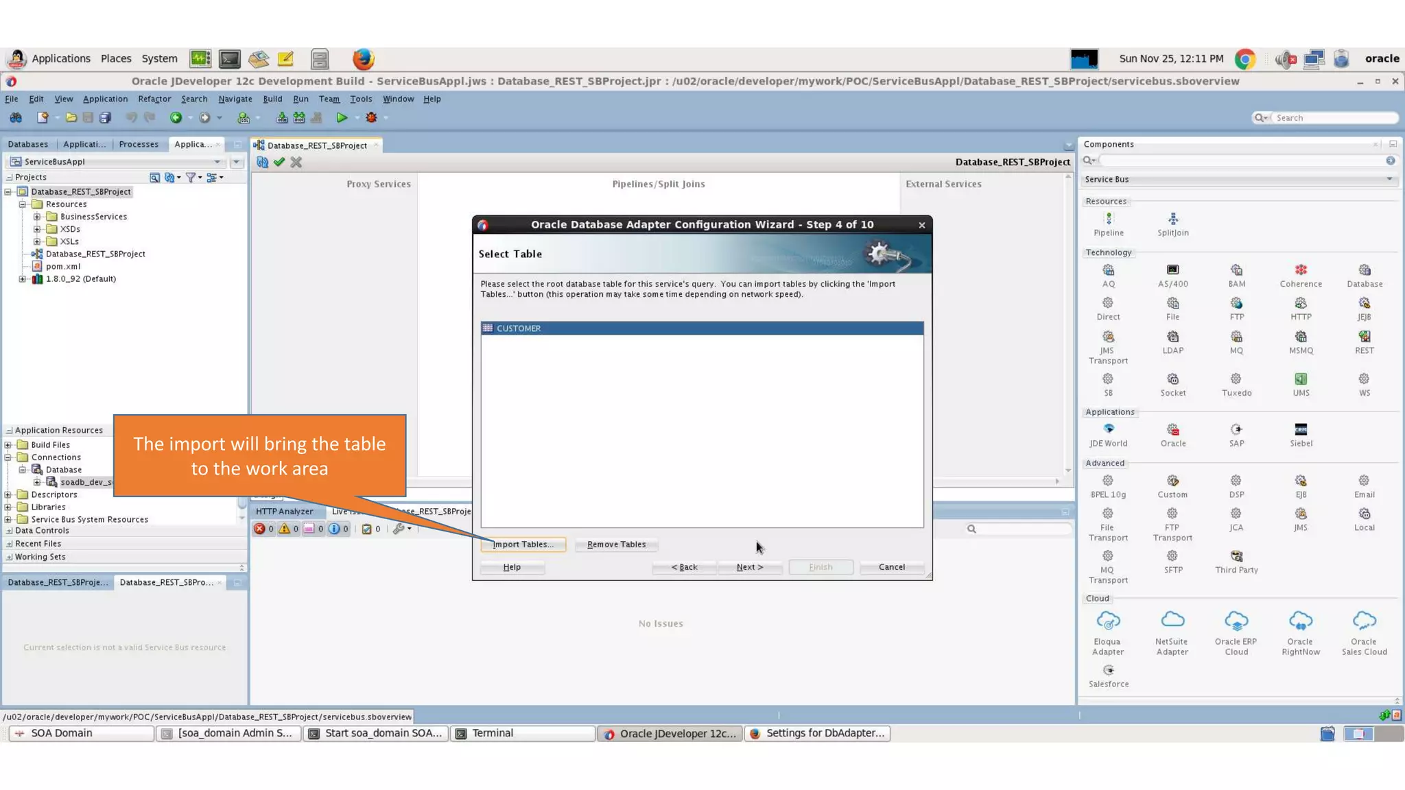 The import will bring the table to the work area 