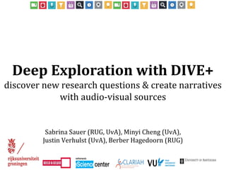 Deep Exploration with DIVE+
discover new research questions & create narratives
with audio-visual sources
Sabrina Sauer (RUG, UvA), Minyi Cheng (UvA),
Justin Verhulst (UvA), Berber Hagedoorn (RUG)
 