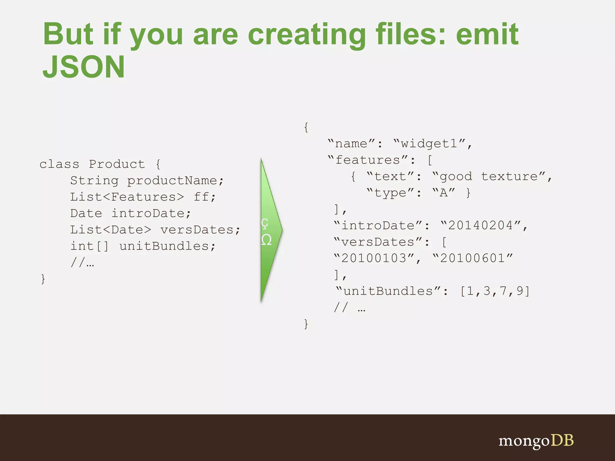 But if you are creating files: emit JSON class Product { String productName; List<Features> ff; Date introDate; List<Date> versDates; int[] unitBundles; //… } { “name”: “widget1”, “features”: [ { “text”: “good texture”, “type”: “A” } ], “introDate”: “20140204”, “versDates”: [ “20100103”, “20100601” ], “unitBundles”: [1,3,7,9] // … } ç Ω 