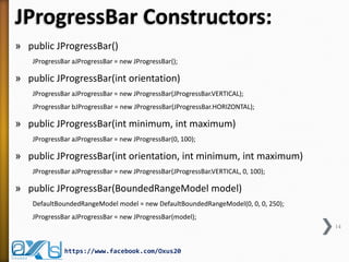 JProgressBar Constructors:
» public JProgressBar()
JProgressBar aJProgressBar = new JProgressBar();
» public JProgressBar(int orientation)
JProgressBar aJProgressBar = new JProgressBar(JProgressBar.VERTICAL);
JProgressBar bJProgressBar = new JProgressBar(JProgressBar.HORIZONTAL);
» public JProgressBar(int minimum, int maximum)
JProgressBar aJProgressBar = new JProgressBar(0, 100);
» public JProgressBar(int orientation, int minimum, int maximum)
JProgressBar aJProgressBar = new JProgressBar(JProgressBar.VERTICAL, 0, 100);
» public JProgressBar(BoundedRangeModel model)
DefaultBoundedRangeModel model = new DefaultBoundedRangeModel(0, 0, 0, 250);
JProgressBar aJProgressBar = new JProgressBar(model);
14
https://www.facebook.com/Oxus20
 