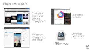 Centralized  
assets and  
content  
management
Native app  
management  
and design
Developer
Extensibility
Bringing it All Together
Marketing  
services
 
