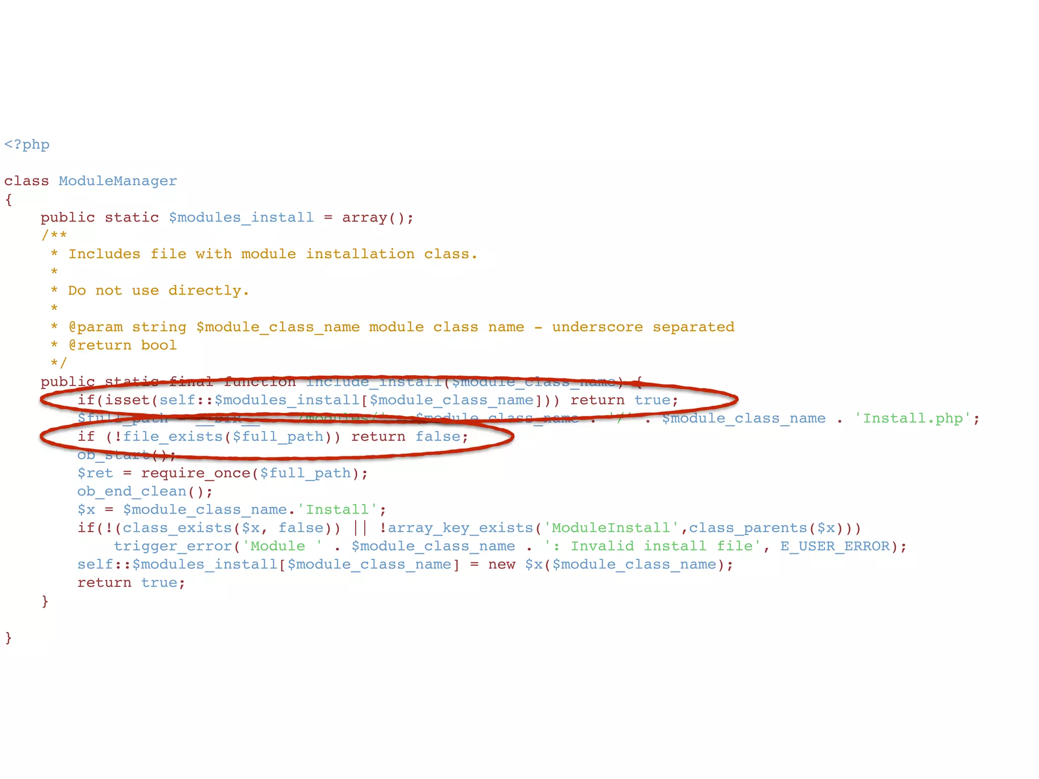 <?php
class ModuleManager
{
    public static $modules_install = array();
    /**
     * Includes file with module installation class.
     *
     * Do not use directly.
     *
     * @param string $module_class_name module class name - underscore separated
     * @return bool
     */
    public static final function include_install($module_class_name) {
        if(isset(self::$modules_install[$module_class_name])) return true;
        $full_path = __DIR__ . '/modules/' . $module_class_name . '/' . $module_class_name . 'Install.php';
        if (!file_exists($full_path)) return false;
        ob_start();
        $ret = require_once($full_path);
        ob_end_clean();
        $x = $module_class_name.'Install';
        if(!(class_exists($x, false)) || !array_key_exists('ModuleInstall',class_parents($x)))
            trigger_error('Module ' . $module_class_name . ': Invalid install file', E_USER_ERROR);
        self::$modules_install[$module_class_name] = new $x($module_class_name);
        return true;
    }
}
 
