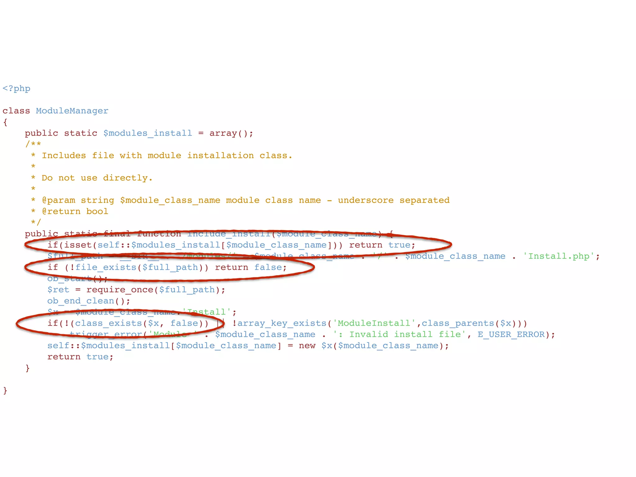 <?php
class ModuleManager
{
    public static $modules_install = array();
    /**
     * Includes file with module installation class.
     *
     * Do not use directly.
     *
     * @param string $module_class_name module class name - underscore separated
     * @return bool
     */
    public static final function include_install($module_class_name) {
        if(isset(self::$modules_install[$module_class_name])) return true;
        $full_path = __DIR__ . '/modules/' . $module_class_name . '/' . $module_class_name . 'Install.php';
        if (!file_exists($full_path)) return false;
        ob_start();
        $ret = require_once($full_path);
        ob_end_clean();
        $x = $module_class_name.'Install';
        if(!(class_exists($x, false)) || !array_key_exists('ModuleInstall',class_parents($x)))
            trigger_error('Module ' . $module_class_name . ': Invalid install file', E_USER_ERROR);
        self::$modules_install[$module_class_name] = new $x($module_class_name);
        return true;
    }
}
 