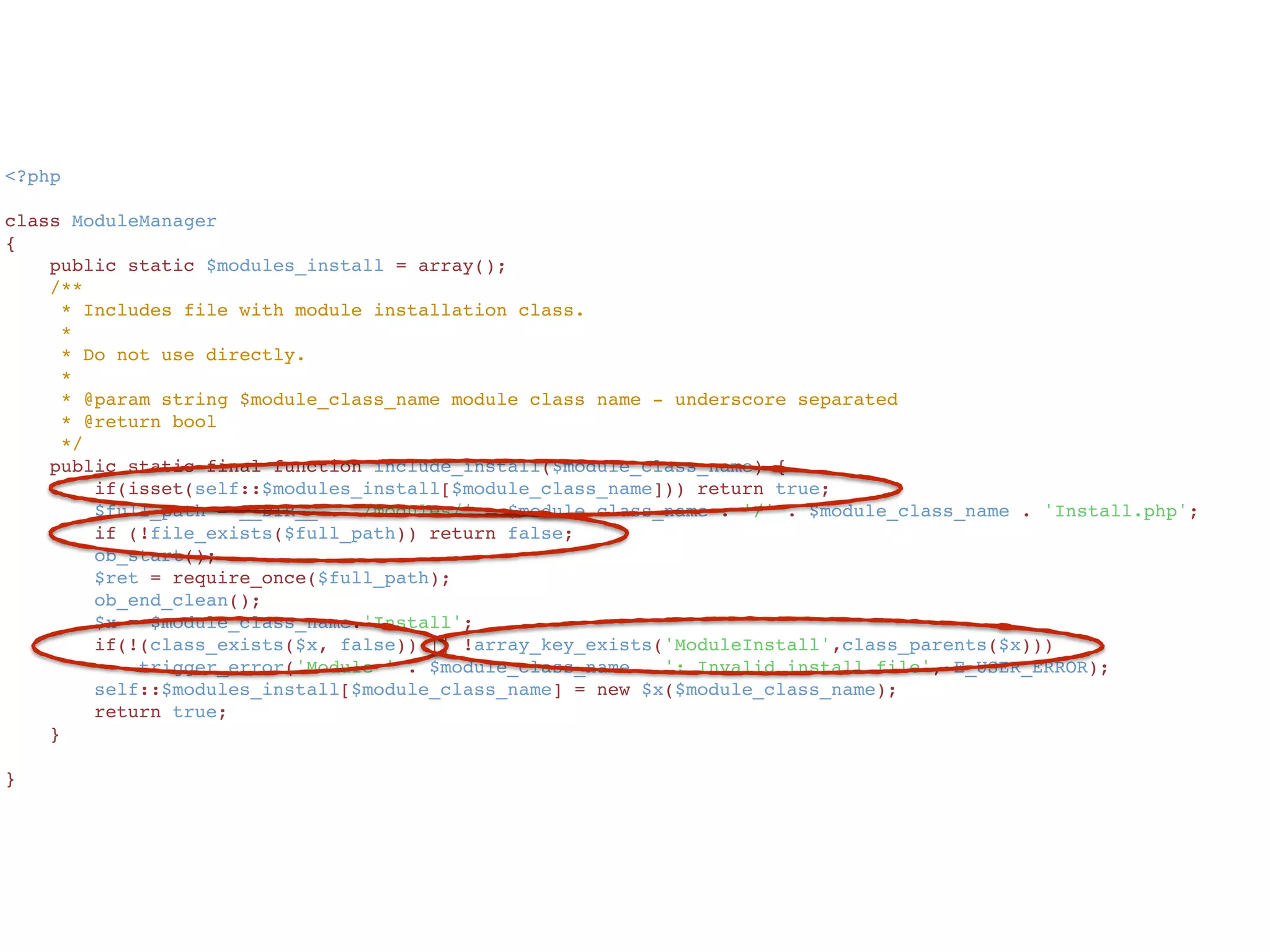 <?php
class ModuleManager
{
    public static $modules_install = array();
    /**
     * Includes file with module installation class.
     *
     * Do not use directly.
     *
     * @param string $module_class_name module class name - underscore separated
     * @return bool
     */
    public static final function include_install($module_class_name) {
        if(isset(self::$modules_install[$module_class_name])) return true;
        $full_path = __DIR__ . '/modules/' . $module_class_name . '/' . $module_class_name . 'Install.php';
        if (!file_exists($full_path)) return false;
        ob_start();
        $ret = require_once($full_path);
        ob_end_clean();
        $x = $module_class_name.'Install';
        if(!(class_exists($x, false)) || !array_key_exists('ModuleInstall',class_parents($x)))
            trigger_error('Module ' . $module_class_name . ': Invalid install file', E_USER_ERROR);
        self::$modules_install[$module_class_name] = new $x($module_class_name);
        return true;
    }
}
 