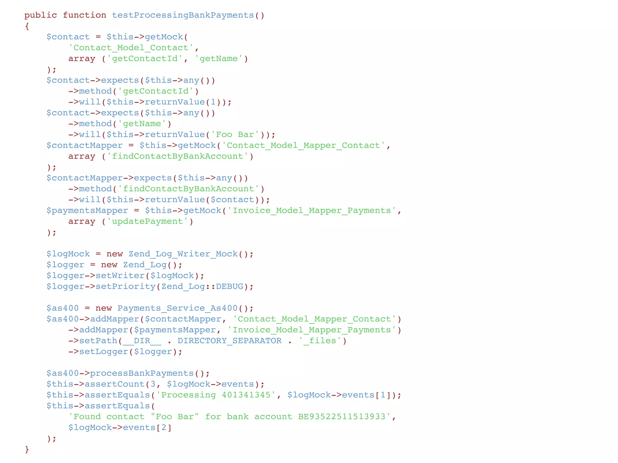     /**
     * Process Bank Payment files
     */
    public function processBankPayments()
    {
        $this->getLogger()->log('Starting bank payment process', Zend_Log::INFO);
        foreach ($this->_getBankFiles() as $bankFile) {
            $bankData = $this->_processBankFile($bankFile);
            $this->getLogger()->log('Processing ' . $bankData->transactionId,
                Zend_Log::DEBUG
            );
            /** @var Contact_Model_Contact $contact */
            $contact = $this->getMapper('Contact_Model_Mapper_Contact')
                ->findContactByBankAccount($bankData->transactionAccount);
            if (null !== $contact) {
                $this->getLogger()->log(sprintf(
                    'Found contact "%s" for bank account %s',
                    $contact->getName(),
                    $bankData->transactionAccount
                ), Zend_Log::DEBUG);
                $data = array (
                    'amount' => $bankData->transactionAmount,
                    'payment_date' => $bankData->transactionDate
                );
                $this->getMapper('Invoice_Model_Mapper_Payments')
                    ->updatePayment($data,
                        array ('contact_id = ?' => $contact->getContactId())
                    );
                $this->_moveBankFile($bankFile,
                    $this->getPath() . DIRECTORY_SEPARATOR . self::PROCESS_SUCCEEDED
                );
            } else {
                $this->getLogger()->log(sprintf(
                    'Could not match bankaccount "%s" with a contact',
                    $bankData->transactionAccount
                ), Zend_Log::WARN);
                $this->_moveBankFile($bankFile,
                    $this->getPath() . DIRECTORY_SEPARATOR . self::PROCESS_FAILED
                );
            }
        }
    }
 