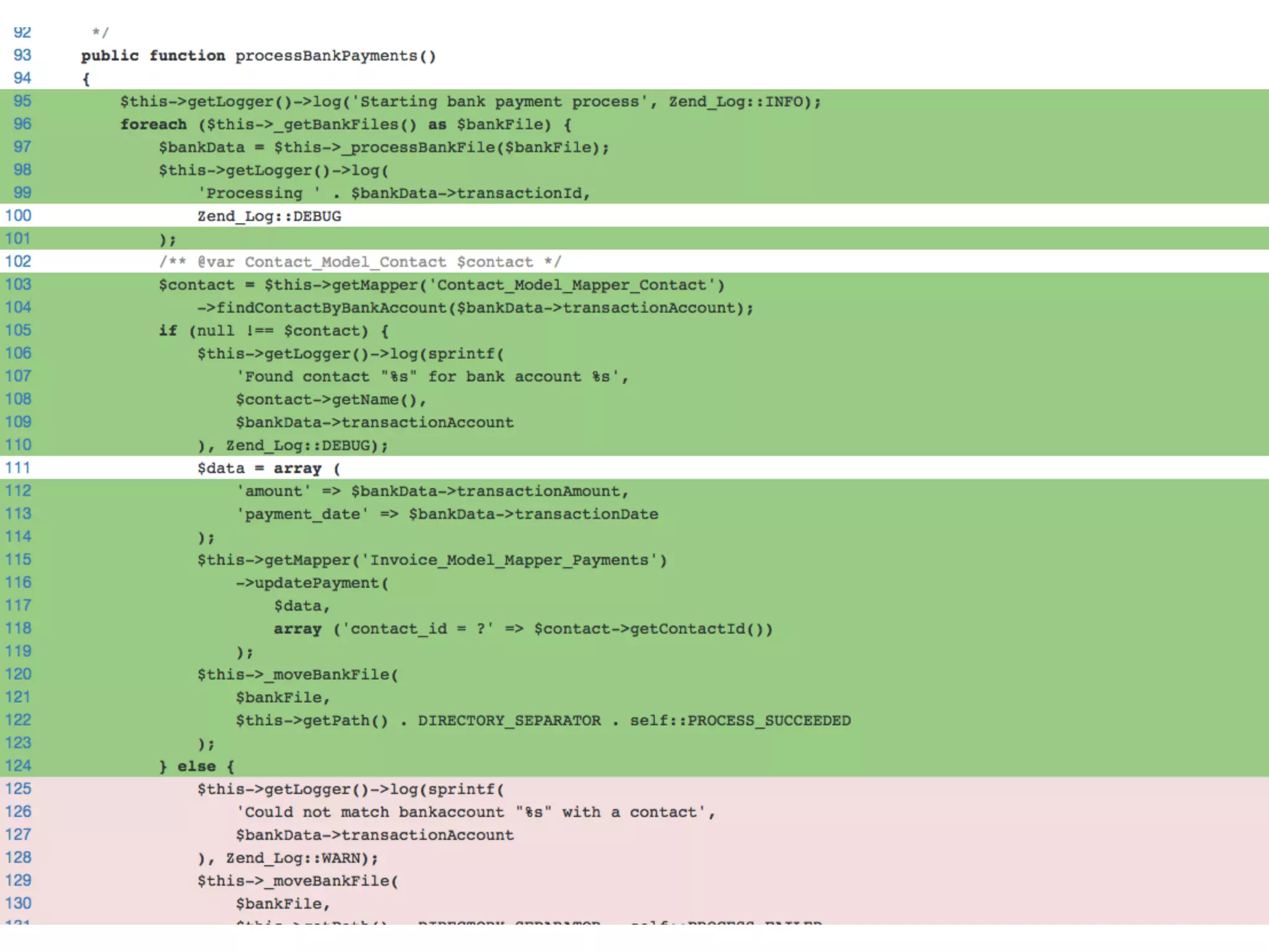         $as400 = new Payments_Service_As400();
        $as400->addMapper($contactMapper, 'Contact_Model_Mapper_Contact')
            ->addMapper($paymentsMapper, 'Invoice_Model_Mapper_Payments')
            ->setPath(__DIR__ . DIRECTORY_SEPARATOR . '_files')
            ->setLogger($logger);
        $as400->processBankPayments();
        $this->assertCount(3, $logMock->events);
        $this->assertEquals('Processing 401341345', $logMock->events[1]);
        $this->assertEquals(
            'Found contact "Foo Bar" for bank account BE93522511513933',
            $logMock->events[2]
        );
 