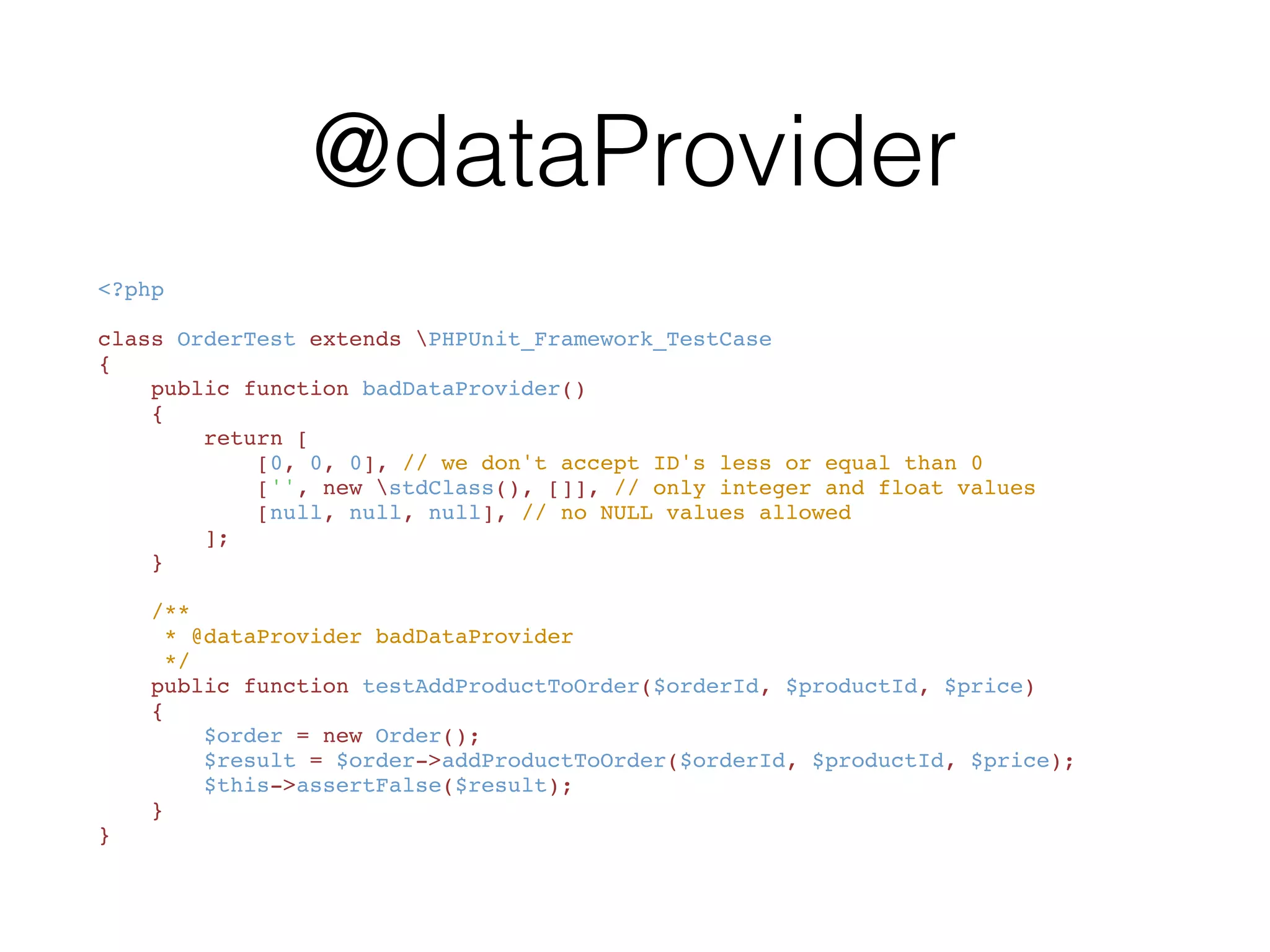 How to use @group
# Run phpunit only against tests for the Order module
./vendor/bin/phpunit --group Order
# Run phpunit for all tests except for the Order module
./vendor/bin/phpunit --exclude-group Order
 