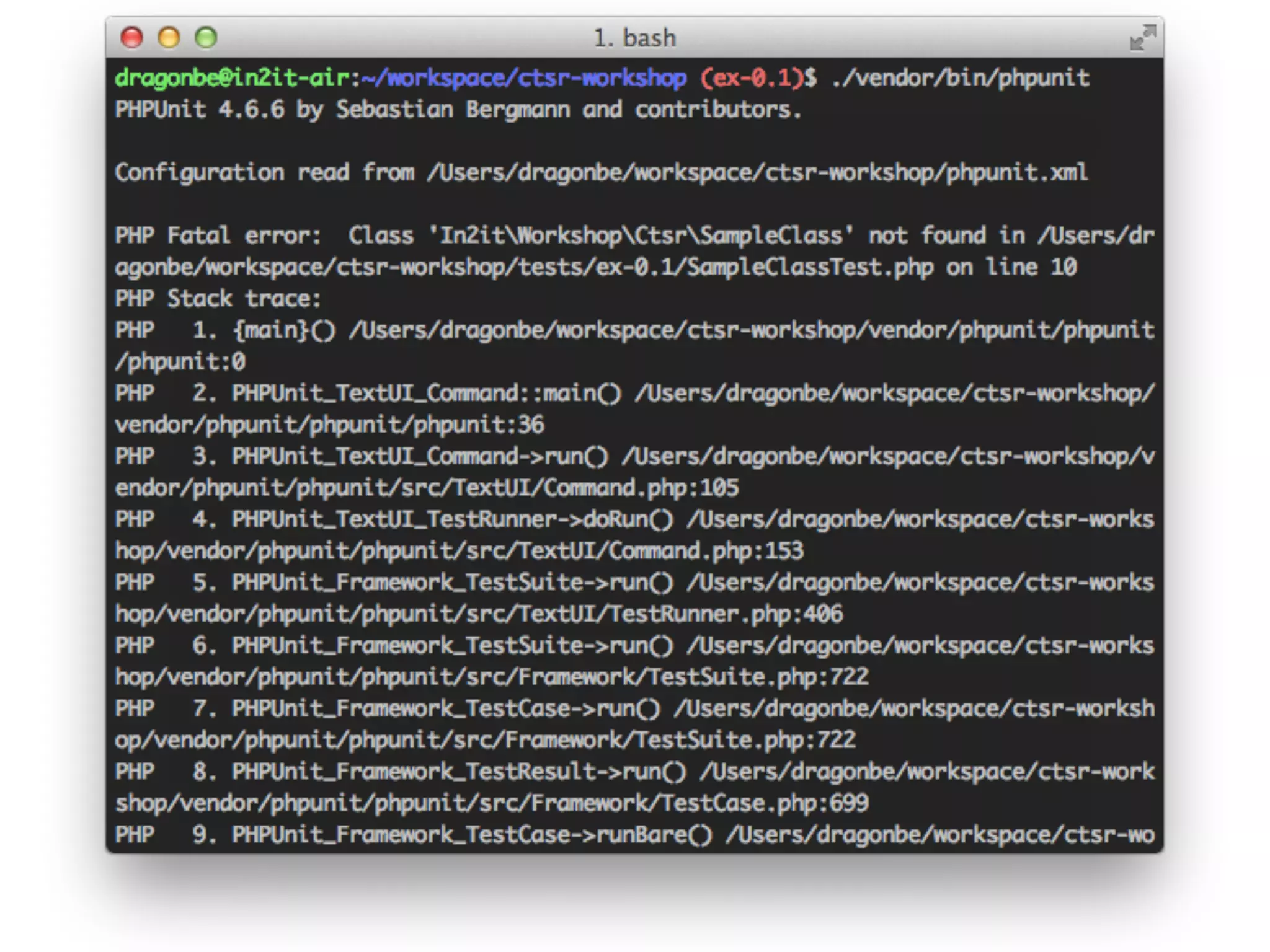 Exercise 0.1
• What will happen when you run PHPUnit now?
• Checkout branch ex-0.1
git checkout -b ex-0.1 origin/ex-0.1
php composer.phar dump-autoload
• Run PHPUnit
 