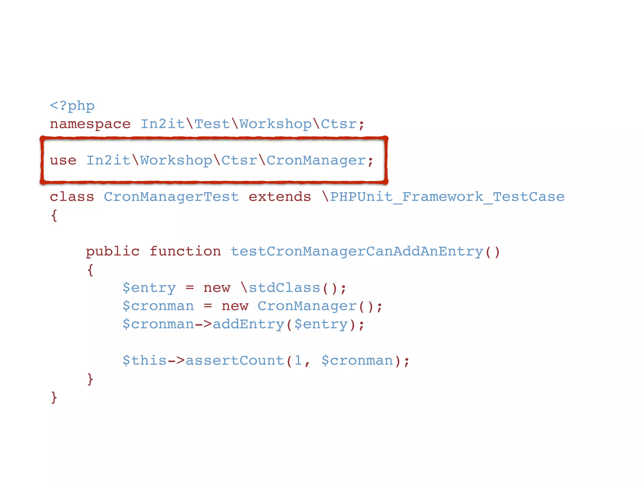 <?php
namespace In2itWorkshopCtsr;
class CronManager implements Countable, Iterator
{
    protected $stack;
    protected $pointer;
    protected $counter;
    public function addEntry($entry)
    {
        $this->stack[] = $entry;
        $this->counter++;
    }
    // Implement the Iterator and Countable methods here.
    // - Iterator: http://php.net/manual/en/class.iterator.php
    // - Countable: http://php.net/manual/en/class.countable.php 
    public function current() {/**... */}
    public function next() {/**... */}
    public function key() {/**... */}
    public function valid() {/**... */}
    public function rewind() {/**... */}
    public function count() {/**... */}
}
 