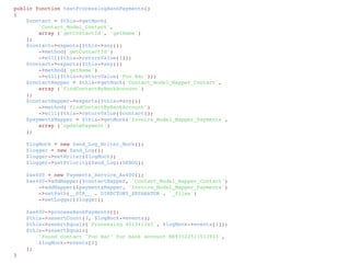     /**
     * Process Bank Payment files
     */
    public function processBankPayments()
    {
        $this->getLogger()->log('Starting bank payment process', Zend_Log::INFO);
        foreach ($this->_getBankFiles() as $bankFile) {
            $bankData = $this->_processBankFile($bankFile);
            $this->getLogger()->log('Processing ' . $bankData->transactionId,
                Zend_Log::DEBUG
            );
            /** @var Contact_Model_Contact $contact */
            $contact = $this->getMapper('Contact_Model_Mapper_Contact')
                ->findContactByBankAccount($bankData->transactionAccount);
            if (null !== $contact) {
                $this->getLogger()->log(sprintf(
                    'Found contact "%s" for bank account %s',
                    $contact->getName(),
                    $bankData->transactionAccount
                ), Zend_Log::DEBUG);
                $data = array (
                    'amount' => $bankData->transactionAmount,
                    'payment_date' => $bankData->transactionDate
                );
                $this->getMapper('Invoice_Model_Mapper_Payments')
                    ->updatePayment($data,
                        array ('contact_id = ?' => $contact->getContactId())
                    );
                $this->_moveBankFile($bankFile,
                    $this->getPath() . DIRECTORY_SEPARATOR . self::PROCESS_SUCCEEDED
                );
            } else {
                $this->getLogger()->log(sprintf(
                    'Could not match bankaccount "%s" with a contact',
                    $bankData->transactionAccount
                ), Zend_Log::WARN);
                $this->_moveBankFile($bankFile,
                    $this->getPath() . DIRECTORY_SEPARATOR . self::PROCESS_FAILED
                );
            }
        }
    }
 