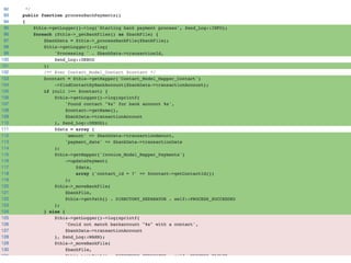         $as400 = new Payments_Service_As400();
        $as400->addMapper($contactMapper, 'Contact_Model_Mapper_Contact')
            ->addMapper($paymentsMapper, 'Invoice_Model_Mapper_Payments')
            ->setPath(__DIR__ . DIRECTORY_SEPARATOR . '_files')
            ->setLogger($logger);
        $as400->processBankPayments();
        $this->assertCount(3, $logMock->events);
        $this->assertEquals('Processing 401341345', $logMock->events[1]);
        $this->assertEquals(
            'Found contact "Foo Bar" for bank account BE93522511513933',
            $logMock->events[2]
        );
 