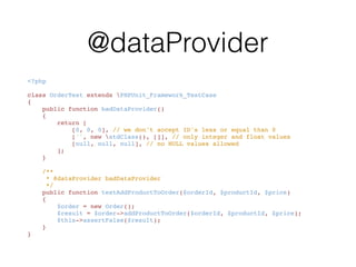 How to use @group
# Run phpunit only against tests for the Order module
./vendor/bin/phpunit --group Order
# Run phpunit for all tests except for the Order module
./vendor/bin/phpunit --exclude-group Order
 