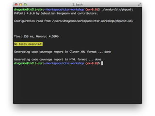 Exercise 0.0
• What will happen when you run PHPUnit now?
• Checkout branch ex-0.0
git checkout -b ex-0.0 origin/ex-0.0
php composer.phar dump-autoload
• Run PHPUnit
 