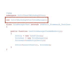 <?php
namespace In2itWorkshopCtsr;
class CronManager implements Countable, Iterator
{
    protected $stack;
    protected $pointer;
    protected $counter;
    public function addEntry($entry)
    {
        $this->stack[] = $entry;
        $this->counter++;
    }
    // Implement the Iterator and Countable methods here.
    // - Iterator: http://php.net/manual/en/class.iterator.php
    // - Countable: http://php.net/manual/en/class.countable.php 
    public function current() {/**... */}
    public function next() {/**... */}
    public function key() {/**... */}
    public function valid() {/**... */}
    public function rewind() {/**... */}
    public function count() {/**... */}
}
 