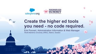 Create the higher ed tools
you need - no code required.
Erik Ponnert, Administration Information & Web Manager
World Maritime University (WMU), Malmö, Sweden
 