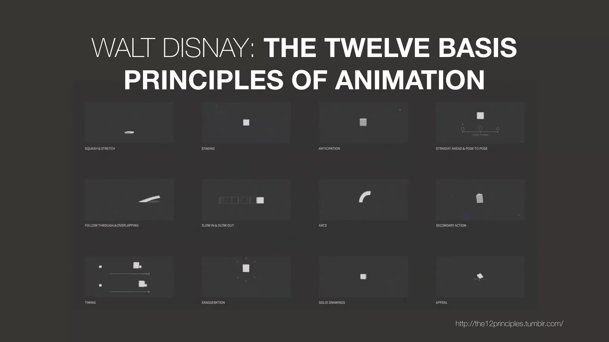 WALT DISNAY: THE TWELVE BASIS  
PRINCIPLES OF ANIMATION
http://the12principles.tumblr.com/
 
