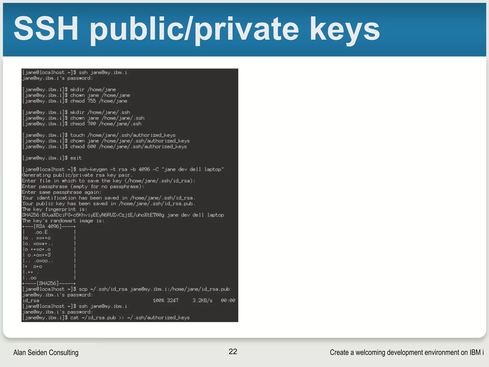 Create a welcoming development environment on IBM iAlan Seiden Consulting
SSH public/private keys
22
 
