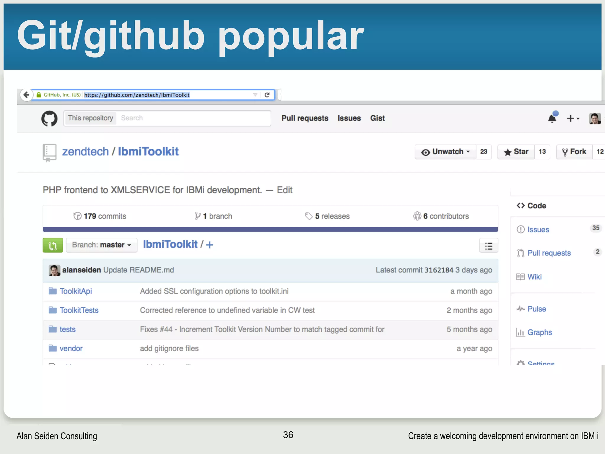 Create a welcoming development environment on IBM iAlan Seiden Consulting
Git/github popular
36
 