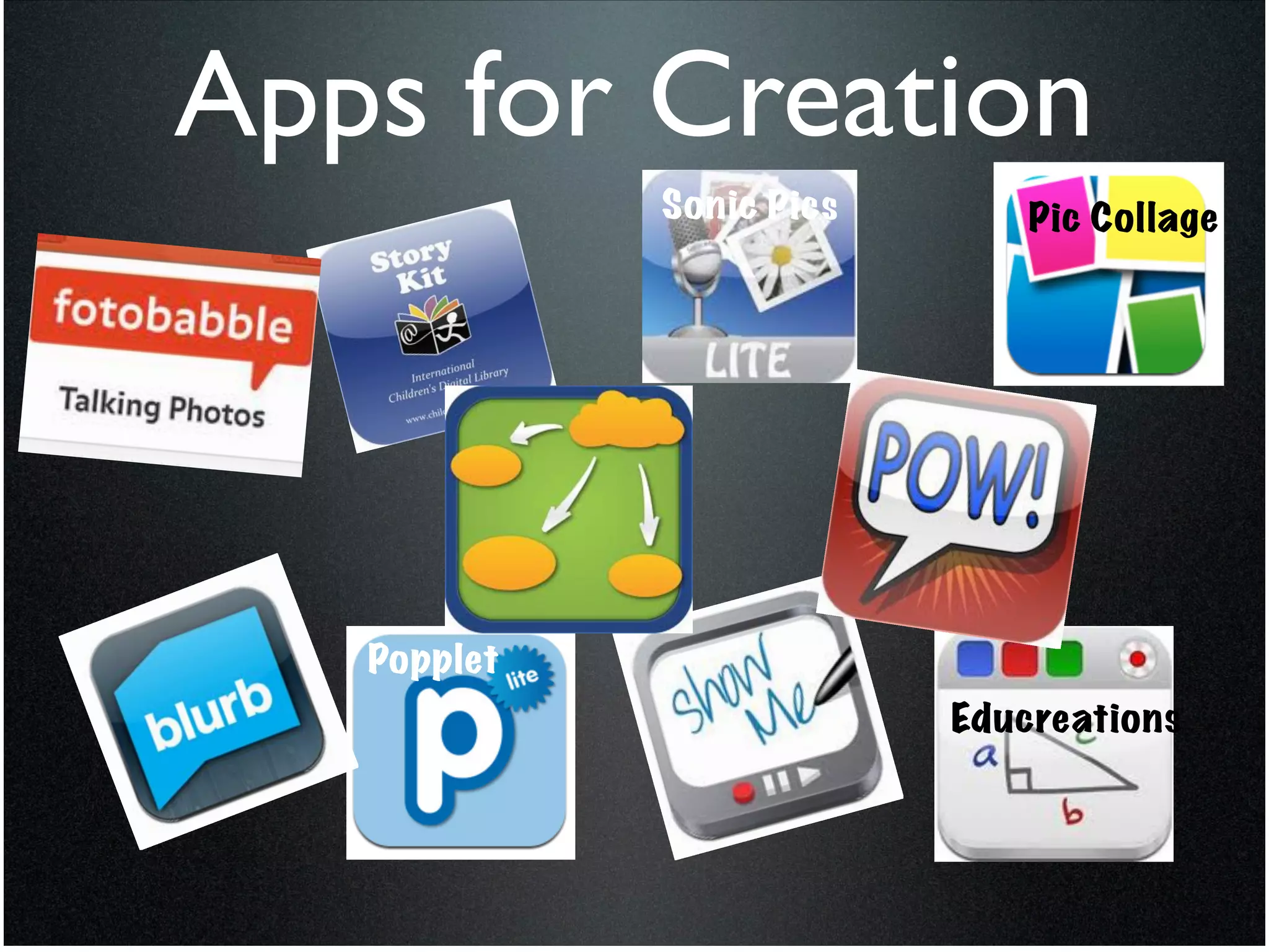 Apps for Creation
             Sonic Pics       Pic Collage




   Popplet
                          Educreations
 