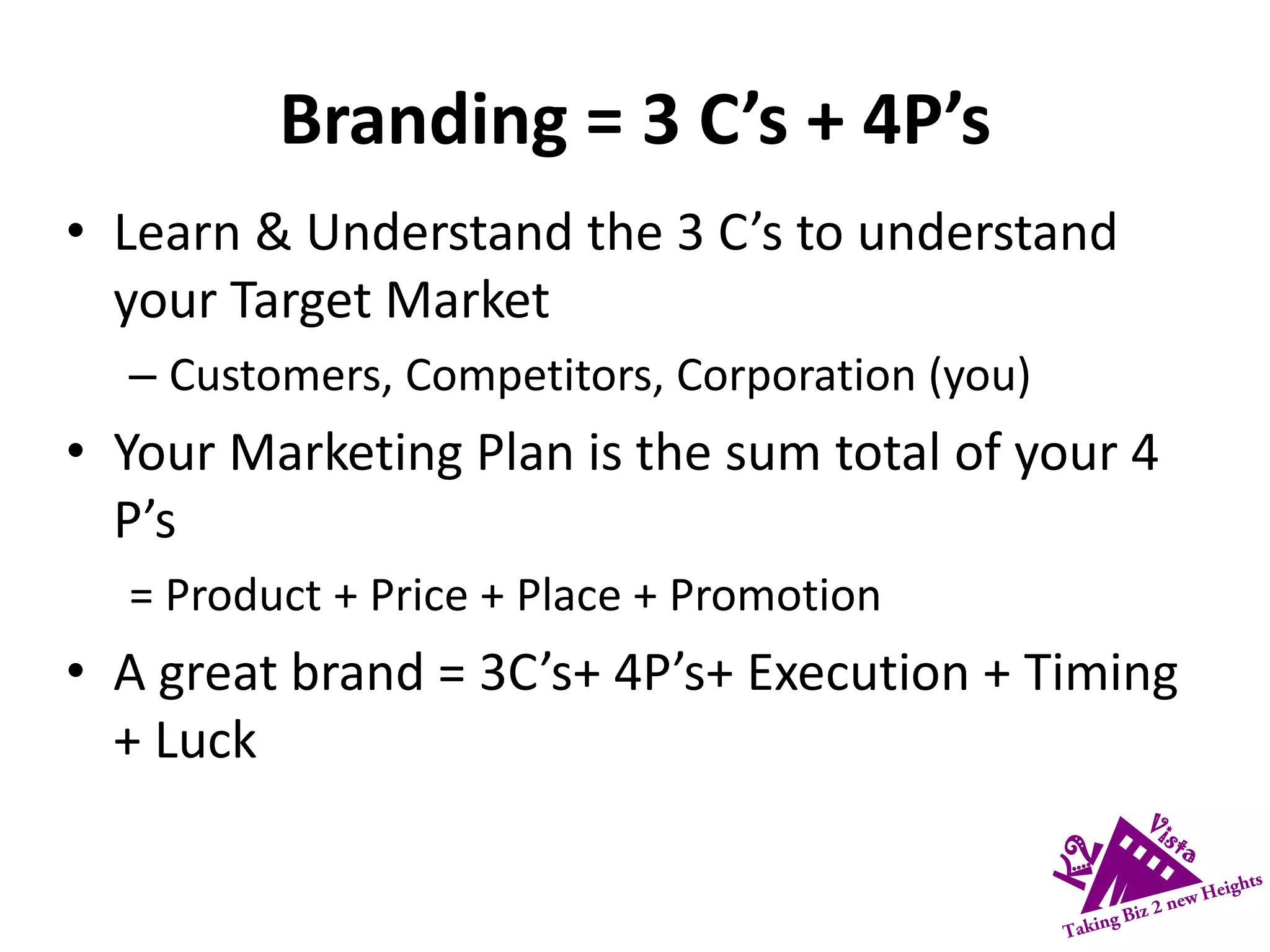 Branding = 3 C’s + 4P’s
• Learn & Understand the 3 C’s to understand
your Target Market
– Customers, Competitors, Corporation (you)
• Your Marketing Plan is the sum total of your 4
P’s
= Product + Price + Place + Promotion
• A great brand = 3C’s+ 4P’s+ Execution + Timing
+ Luck
 