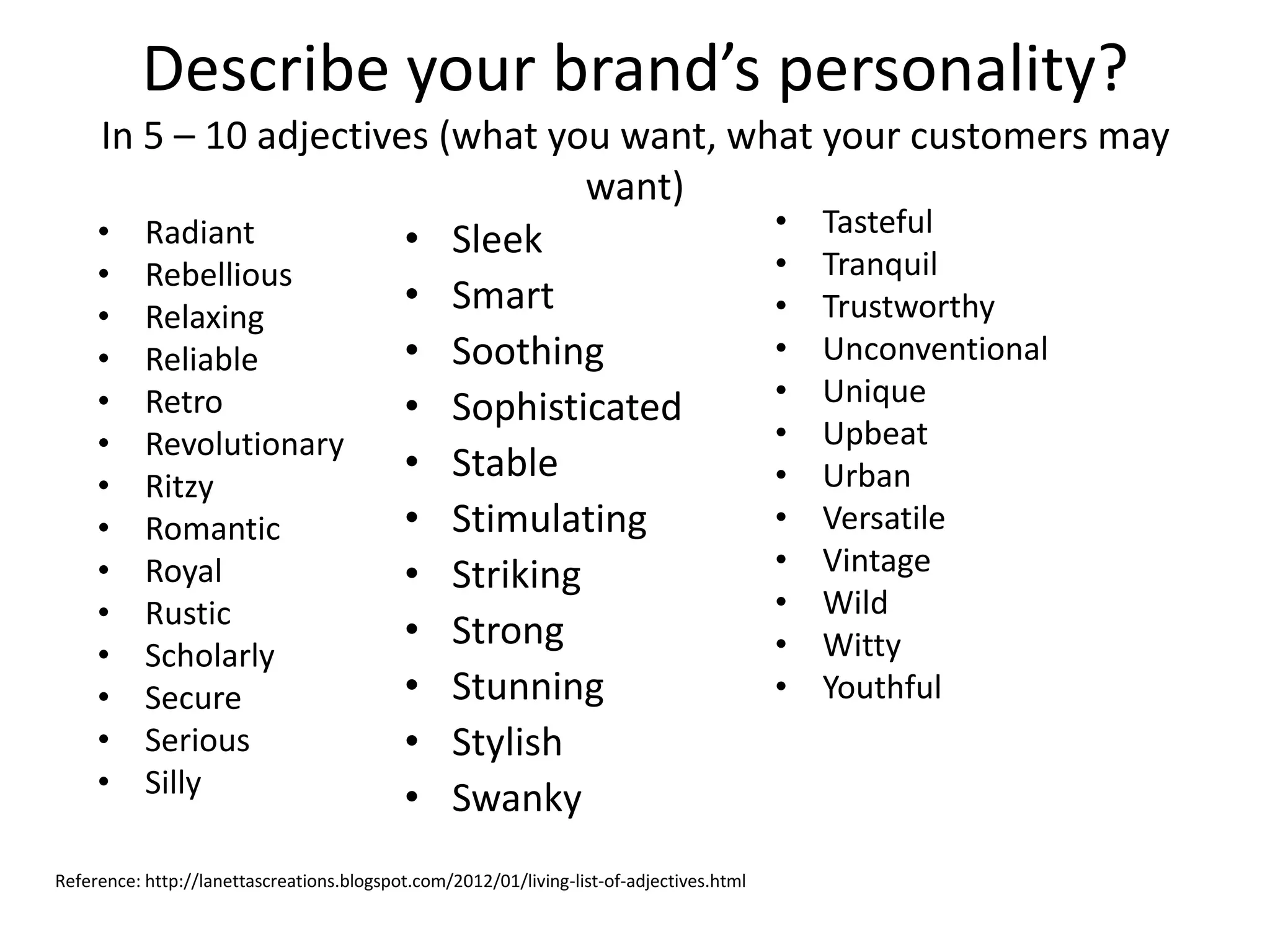 Describe your brand’s personality?
In 5 – 10 adjectives (what you want, what your customers may
want)
• Radiant
• Rebellious
• Relaxing
• Reliable
• Retro
• Revolutionary
• Ritzy
• Romantic
• Royal
• Rustic
• Scholarly
• Secure
• Serious
• Silly
• Sleek
• Smart
• Soothing
• Sophisticated
• Stable
• Stimulating
• Striking
• Strong
• Stunning
• Stylish
• Swanky
• Tasteful
• Tranquil
• Trustworthy
• Unconventional
• Unique
• Upbeat
• Urban
• Versatile
• Vintage
• Wild
• Witty
• Youthful
Reference: http://lanettascreations.blogspot.com/2012/01/living-list-of-adjectives.html
 