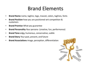 Brand Elements
• Brand Name-name, tagline, logo, mascot, colors, taglines, fonts
• Brand Position-how you are positioned wrt competition &
customers
• Brand Promise-What you guarantee
• Brand Personality-Your persona (creative, fun, performance)
• Brand Tone-edgy, humorous, conservative, subtle
• Brand Story-Your past, present, and future
• Brand Associations-image, perception, differentiation
 