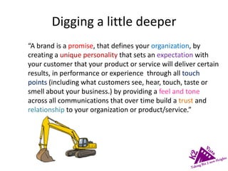 Digging a little deeper
“A brand is a promise, that defines your organization, by
creating a unique personality that sets an expectation with
your customer that your product or service will deliver certain
results, in performance or experience through all touch
points (including what customers see, hear, touch, taste or
smell about your business.) by providing a feel and tone
across all communications that over time build a trust and
relationship to your organization or product/service.”
 