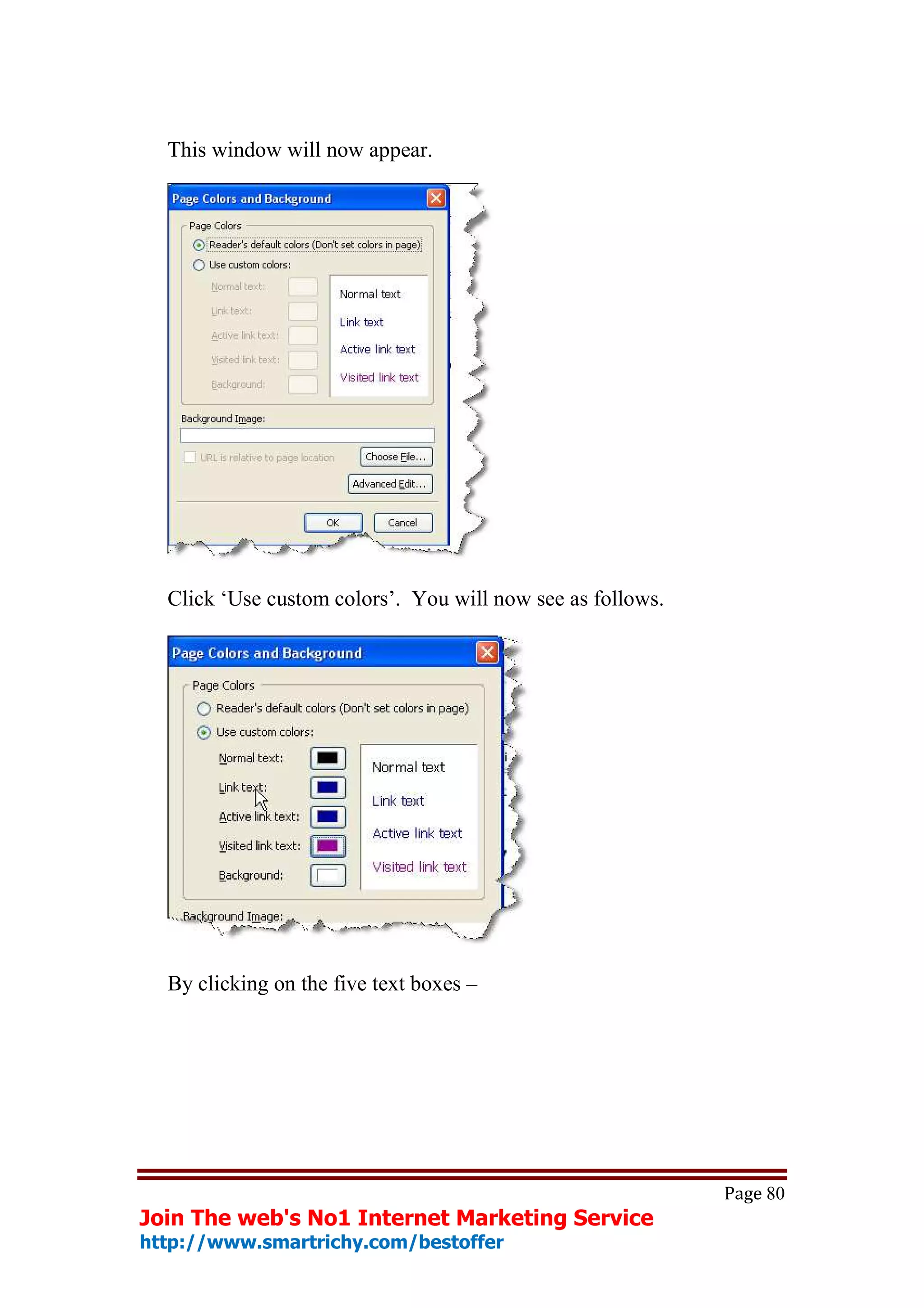 This window will now appear.




  Click ‘Use custom colors’. You will now see as follows.




  By clicking on the five text boxes –




                                                            Page 80
Join The web's No1 Internet Marketing Service
http://www.smartrichy.com/bestoffer
 