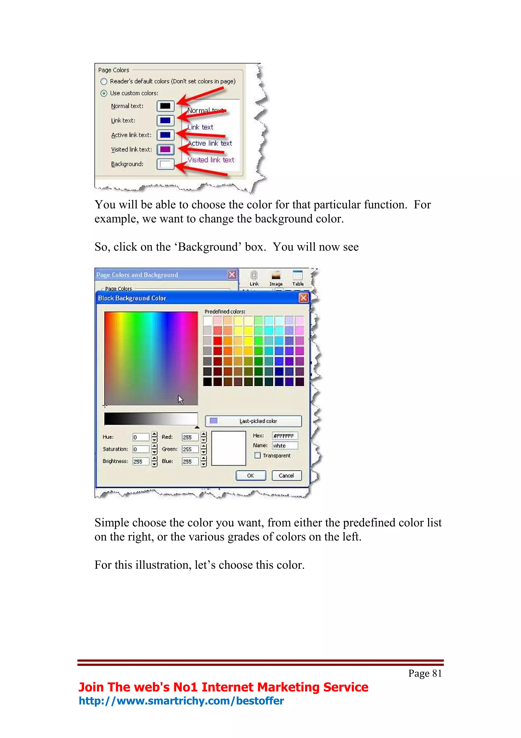 You will be able to choose the color for that particular function. For
  example, we want to change the background color.

  So, click on the ‘Background’ box. You will now see




  Simple choose the color you want, from either the predefined color list
  on the right, or the various grades of colors on the left.

  For this illustration, let’s choose this color.




                                                                   Page 81
Join The web's No1 Internet Marketing Service
http://www.smartrichy.com/bestoffer
 