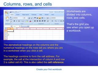 Create your first workbookThe RibbonThe Home tab, first on the left, contains the everyday commands that people use most. The picture illustrates Home tab commands on the Ribbon.The Ribbon spans the top of the Excel window.Commands on the Ribbon are organized in small related groups. For example, commands to work with the contents of cells are grouped together in the Editing group, and commands to work with cells themselves are in the Cells group.  