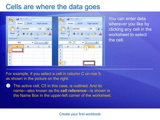 Create your first workbookColumns, rows, and cellsWorksheets are divided into columns, rows, and cells. That’s the grid you see when you open up a workbook. Columns go from top to bottom on the worksheet, vertically. Each column has an alphabetical heading at the top.Rows go across the worksheet, horizontally. Each row also has a heading. Row headings are numbers, from 1 through 1,048,576. 
