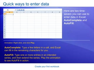 Create your first workbookStart typingSay you’re creating a list of salespeople names. The list will also have the dates of sales, with their amounts.The picture illustrates the process of typing the information and moving from cell to cell: After typing the column titles, click in cell A2 to begin typing the salespeople’s names. Type the first name, and then press ENTER to move the selection down the column by one cell to cell A3. Then type the next name, and so on. 