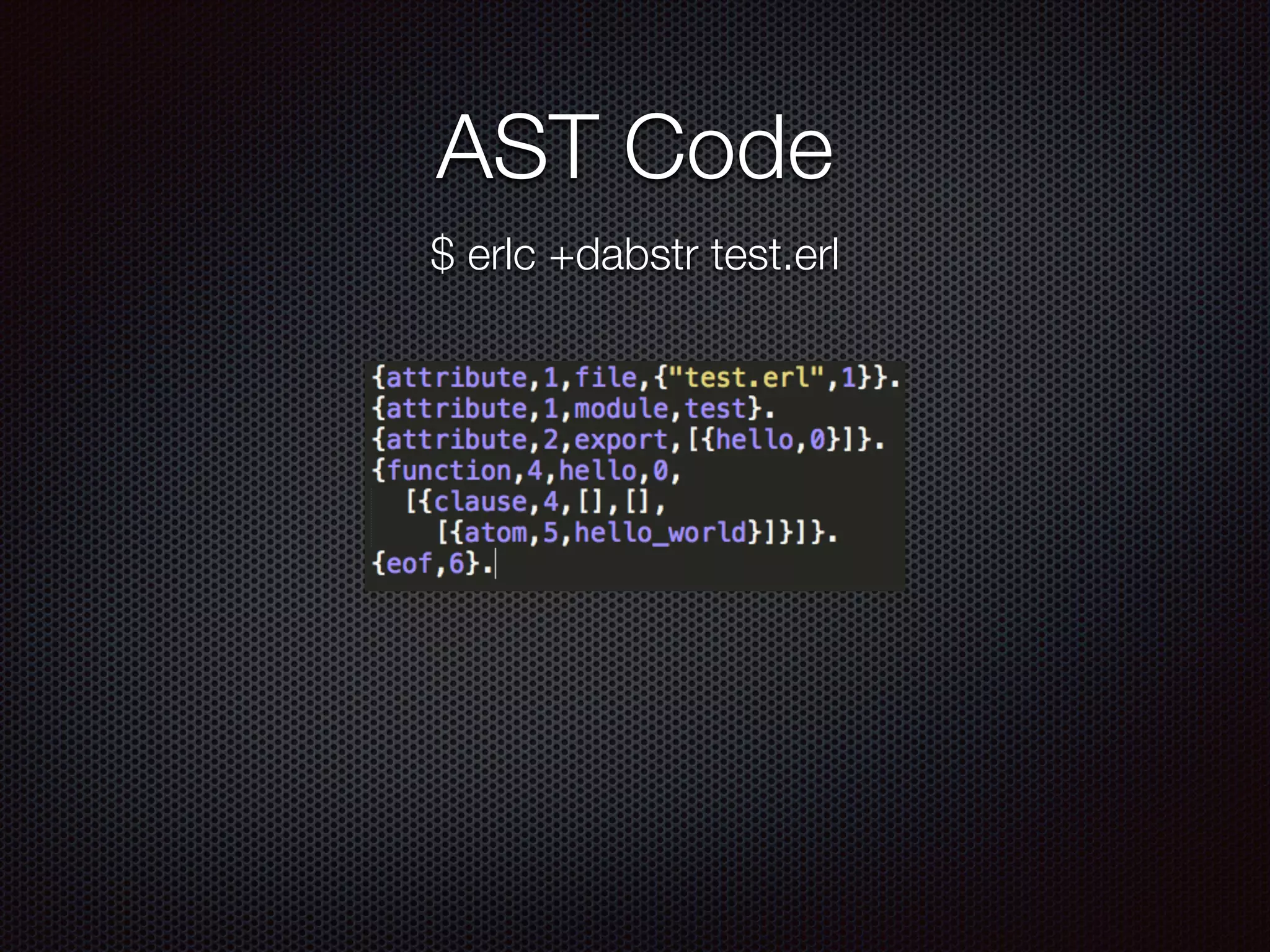 AST Code
$ erlc +dabstr test.erl
 