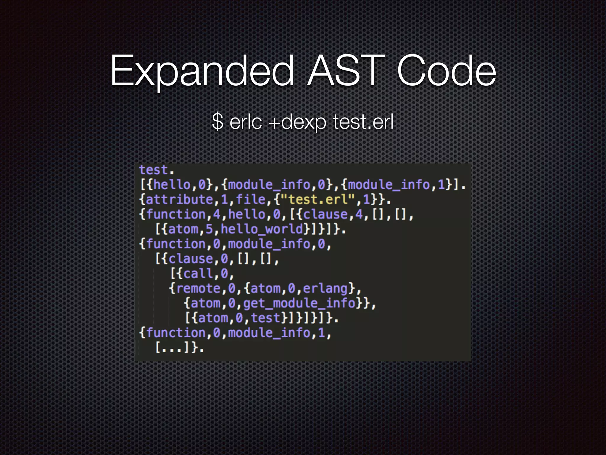 Expanded AST Code
$ erlc +dexp test.erl
 