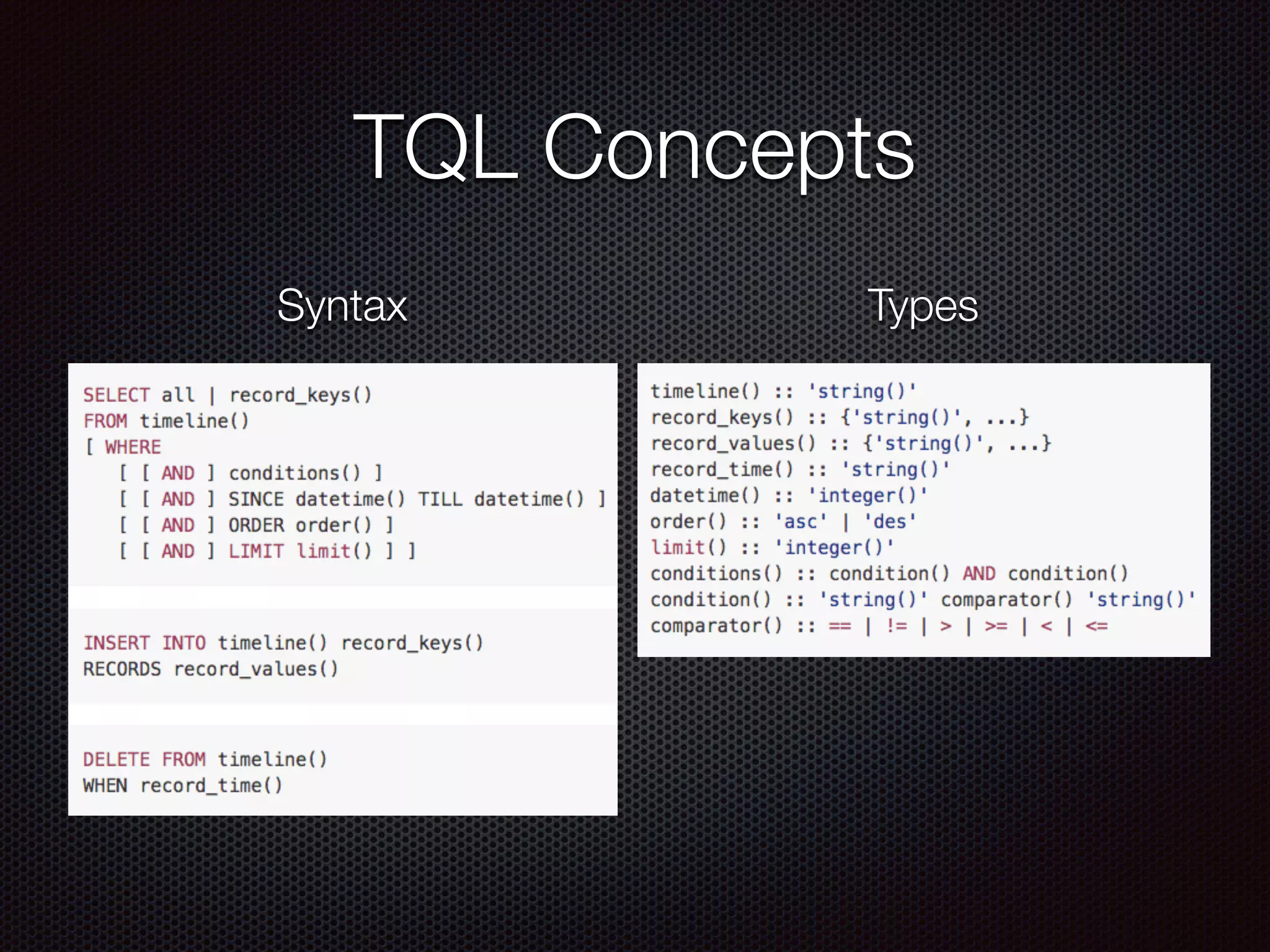 TQL Concepts
Syntax Types
 
