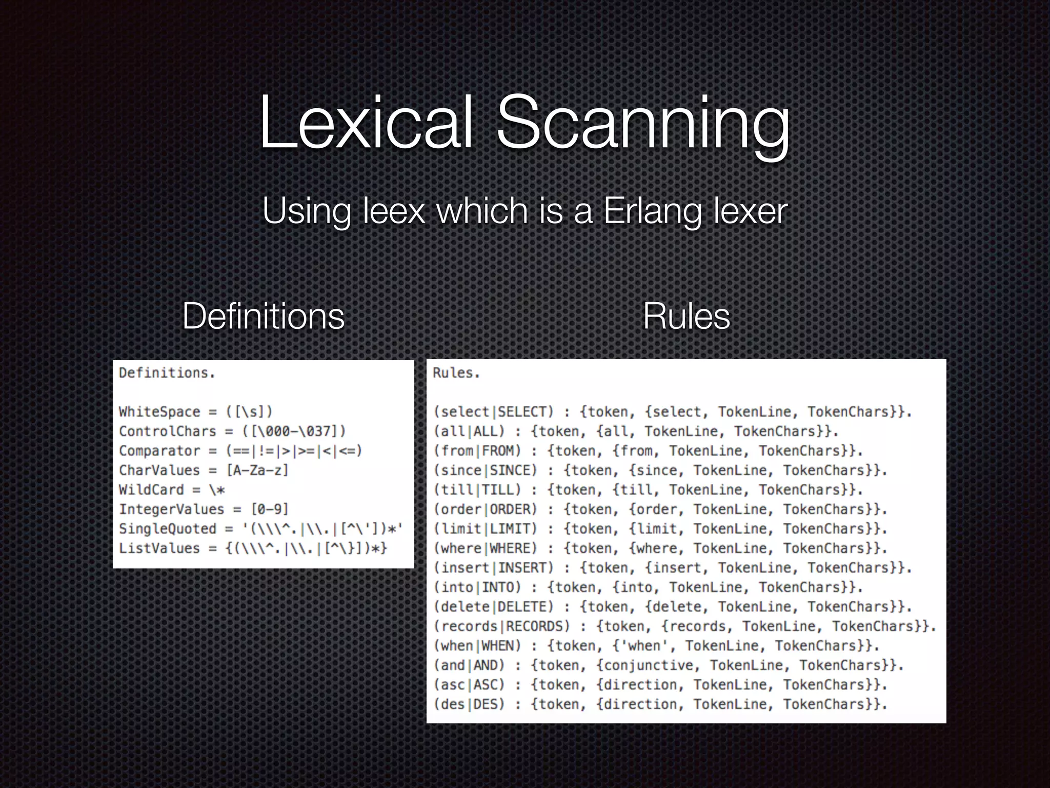 Lexical Scanning
Using leex which is a Erlang lexer
Deﬁnitions Rules
 