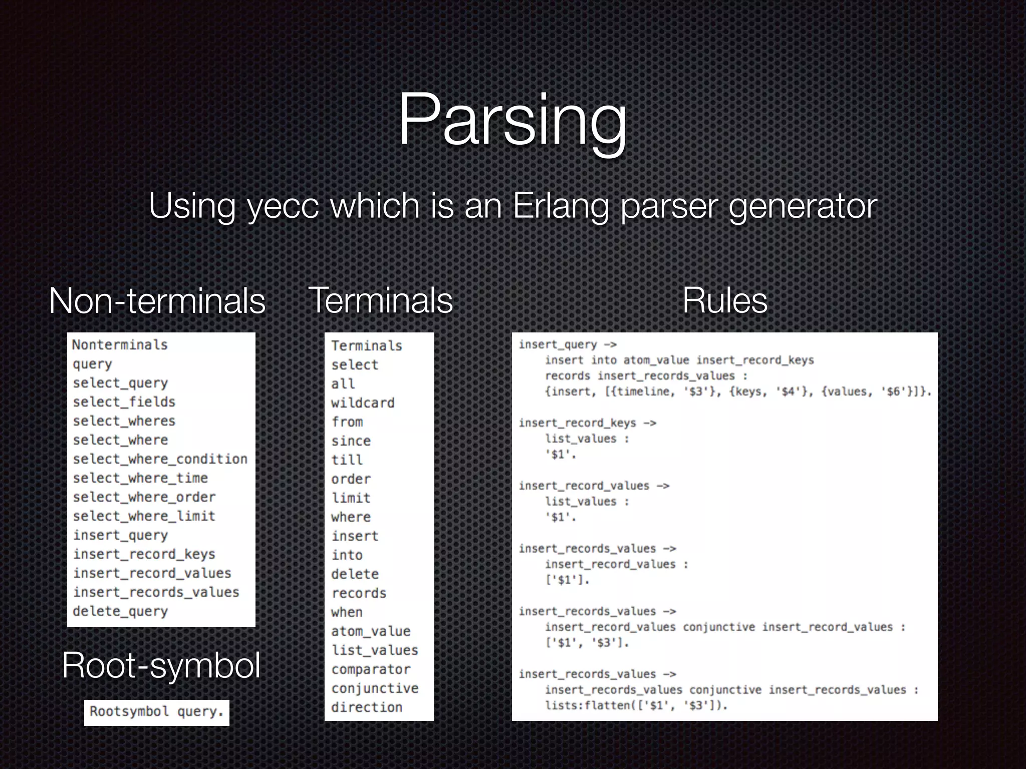 Parsing
Non-terminals Terminals Rules
Using yecc which is an Erlang parser generator
Root-symbol
 