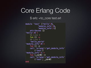 Core Erlang Code
$ erlc +to_core test.erl
 