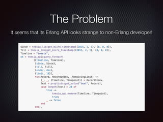 The Problem
It seems that its Erlang API looks strange to non-Erlang developer!
 