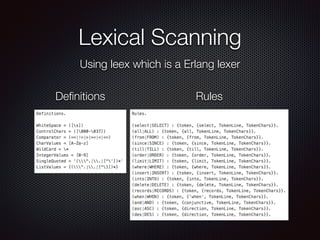 Lexical Scanning
Using leex which is a Erlang lexer
Deﬁnitions Rules
 