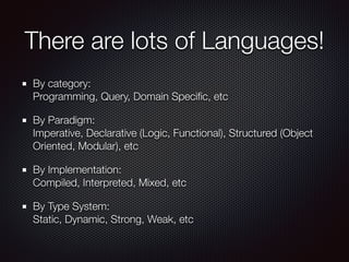 There are lots of Languages!
By category: 
Programming, Query, Domain Speciﬁc, etc
By Paradigm: 
Imperative, Declarative (Logic, Functional), Structured (Object
Oriented, Modular), etc
By Implementation: 
Compiled, Interpreted, Mixed, etc
By Type System: 
Static, Dynamic, Strong, Weak, etc
 